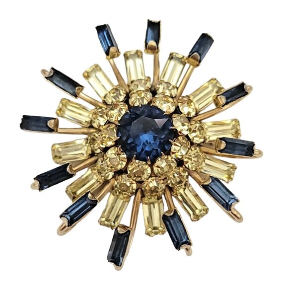 Kramer NY Gold Tone Blue Jonquil Prong Rhinestone Dimensional Starburst Pin K307 - Picture 2 of 14